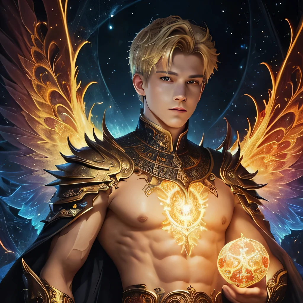 (masterpiece, top quality, best quality, official art, beautiful and aesthetic:1.2), (1boy),upper body, extreme detailed,(fractal art:1.3),colorful,highest detailed, tarot card background, boy, teen, blonde, fair skin, glowing fire eyes, muscular, hellfire powers, wings