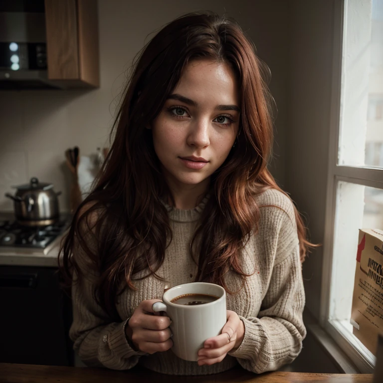 closeup, portrait, LeannaDecker, ((wearing sweater)), inside, portrait, kitchen, holding coffee mug, winter fire, eyes open, best quality, upper body, by lee jeffries nikon d850 film stock photograph 4 kodak 400 camera f1.6 lens rich colors hyper realistic lifelike texture natural lighting unreal engine trending on artstation cinestill 800, (100mm lens), long hair,, red hair