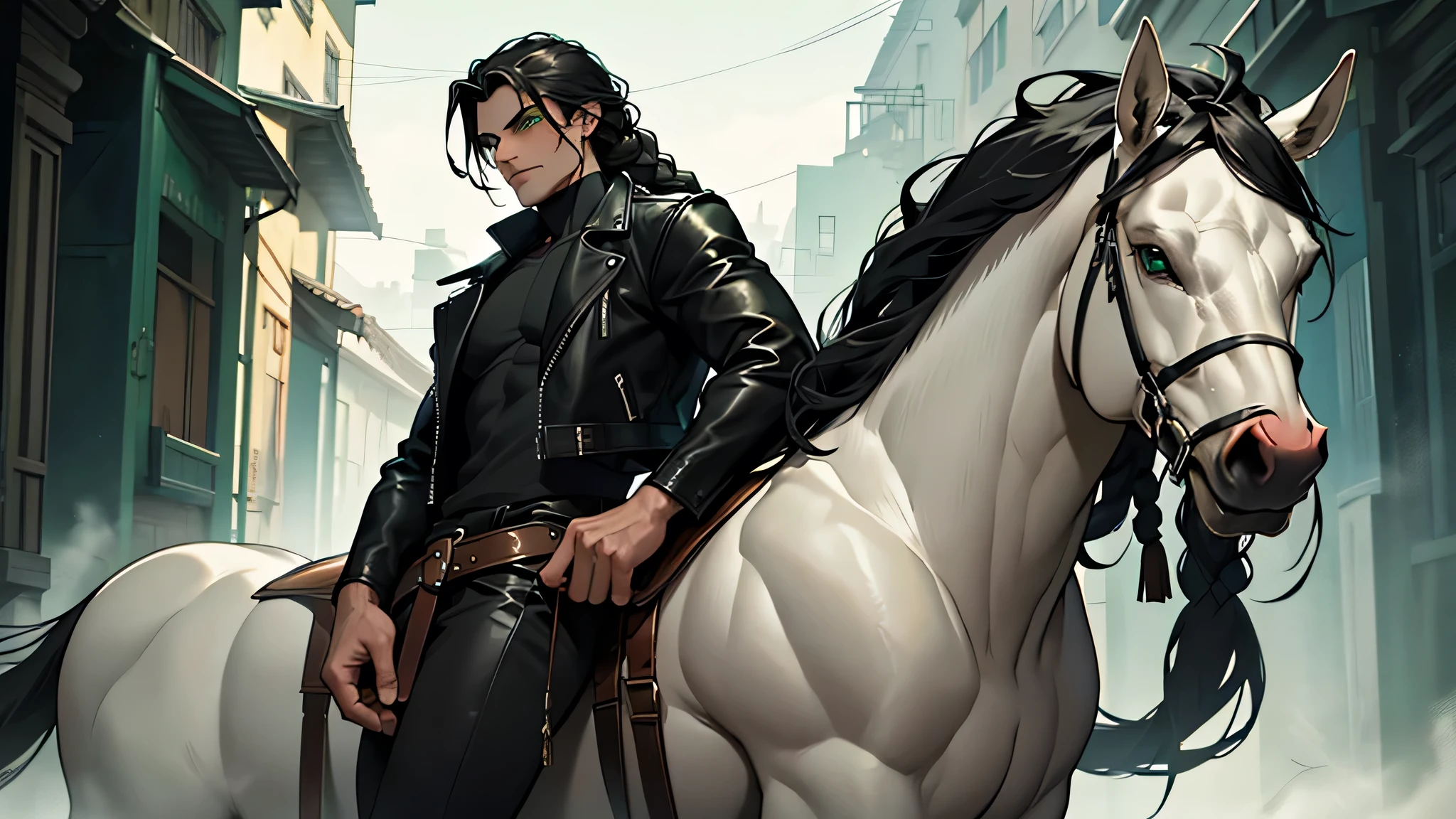 4k ultra high quality centaur half horse man full length image head to hoof, long black hair pulled back into an intricate braid, green eyes, pale skin, dark black fur and tail, wearing a leather jacket, a dagger in his hand