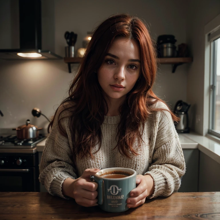 closeup, portrait, LeannaDecker, ((wearing sweater)), inside, portrait, kitchen, holding coffee mug, winter fire, eyes open, best quality, upper body, by lee jeffries nikon d850 film stock photograph 4 kodak 400 camera f1.6 lens rich colors hyper realistic lifelike texture natural lighting unreal engine trending on artstation cinestill 800, (100mm lens), long hair,, red hair