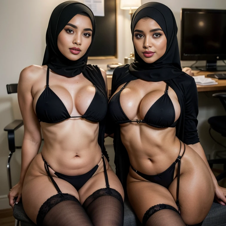 (2girls:1.2),(double exposure), back view, (full body), in n empty school classroom, two gorgeous matured  teachers (stood side by side), ((35 year old)), ((malay women)), curvy fit body shape, bigger ass, gluteal,busty, huge thighs, (both wearing string bras),((black hijabs)),(stockings), pov, skin texture, ultra high res, RAW, instagram LUT, masterpiece, best quality, ultra-detailed, ultra high resolution, RAW, 4k, (looking at viewer), extremely detailed eyes and face, (beautiful detailed nose), (beautiful detailed thigh), (beautiful detailed eyes), perfect body proportion, (looking at viewer), smirk, ceramic floor, white board, (black hijabs), (string bras), ((NSFW)),