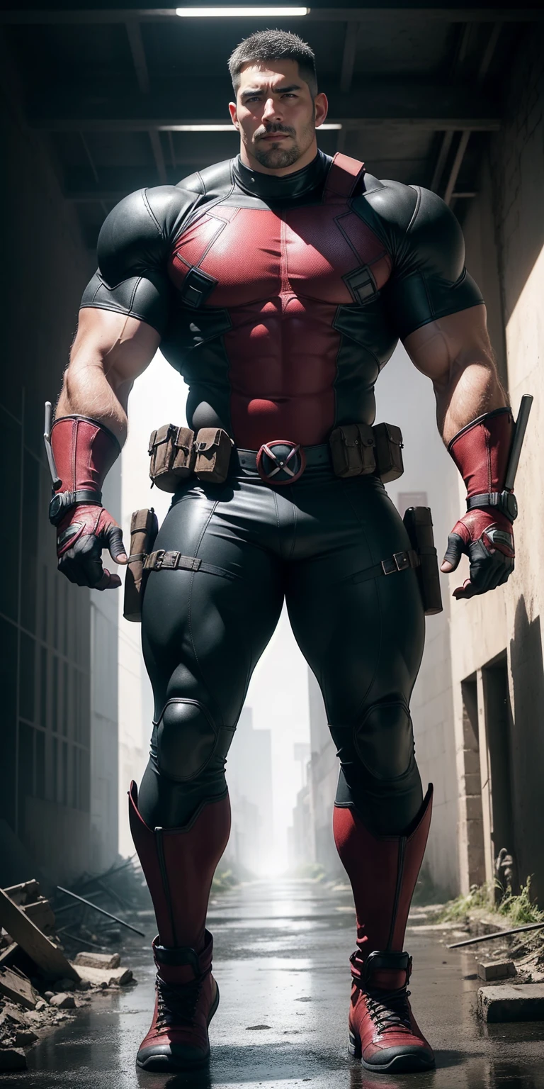 2 meter tall muscular hero, Super hero:Deadpool, 红黑条纹Deadpool紧身衣, Warm and thick, character concept(Resident Evil - Chris Redfield, Mechanical leather armor, His muscles are huge, Lightweight texture, Small grid texture, Regular symmetrical texture pattern, A sad expression, Deep and charming eyes, He stood in the open air among the ruins, Heroic male pose, tall Burly, muscular!Attractive leg muscles, High, Burly, Heqiang, Super Buff and Coolness, High Resolution Committee, Yellow-gray ultra-thin nano-mechanical big-foot boots, Charismatic strongman, The bright sunshine shines on you, Matte particles, Shiny texture, shadow, Chiaroscuro, Divine Light, best quality