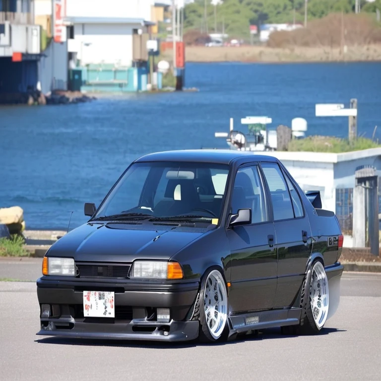 black spiked car parked in front of a body of water, corpo largo, Japan in the 90s, Da noite, retro 9 0 japanese, low sunset, Muito Triste C 12.0, Velha escola FPR, toyota cresta, frente longa, Rodas de trabalho, Rodas de trabalho, akira vibes, liso!!, japanese drift car, mas 8 6