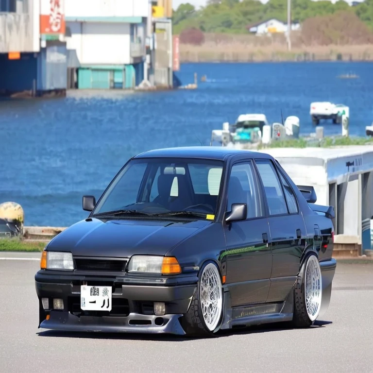 black spiked car parked in front of a body of water, corpo largo, Japan in the 90s, Da noite, retro 9 0 japanese, low sunset, Muito Triste C 12.0, Velha escola FPR, toyota cresta, frente longa, Rodas de trabalho, Rodas de trabalho, akira vibes, liso!!, japanese drift car, mas 8 6