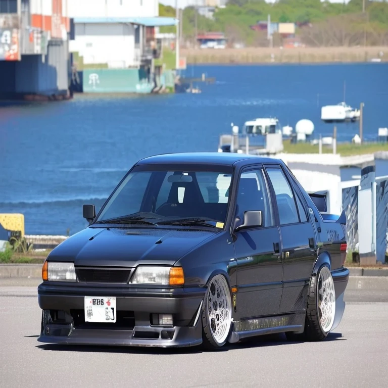 black spiked car parked in front of a body of water, corpo largo, Japan in the 90s, Da noite, retro 9 0 japanese, low sunset, Muito Triste C 12.0, Velha escola FPR, toyota cresta, frente longa, Rodas de trabalho, Rodas de trabalho, akira vibes, liso!!, japanese drift car, mas 8 6