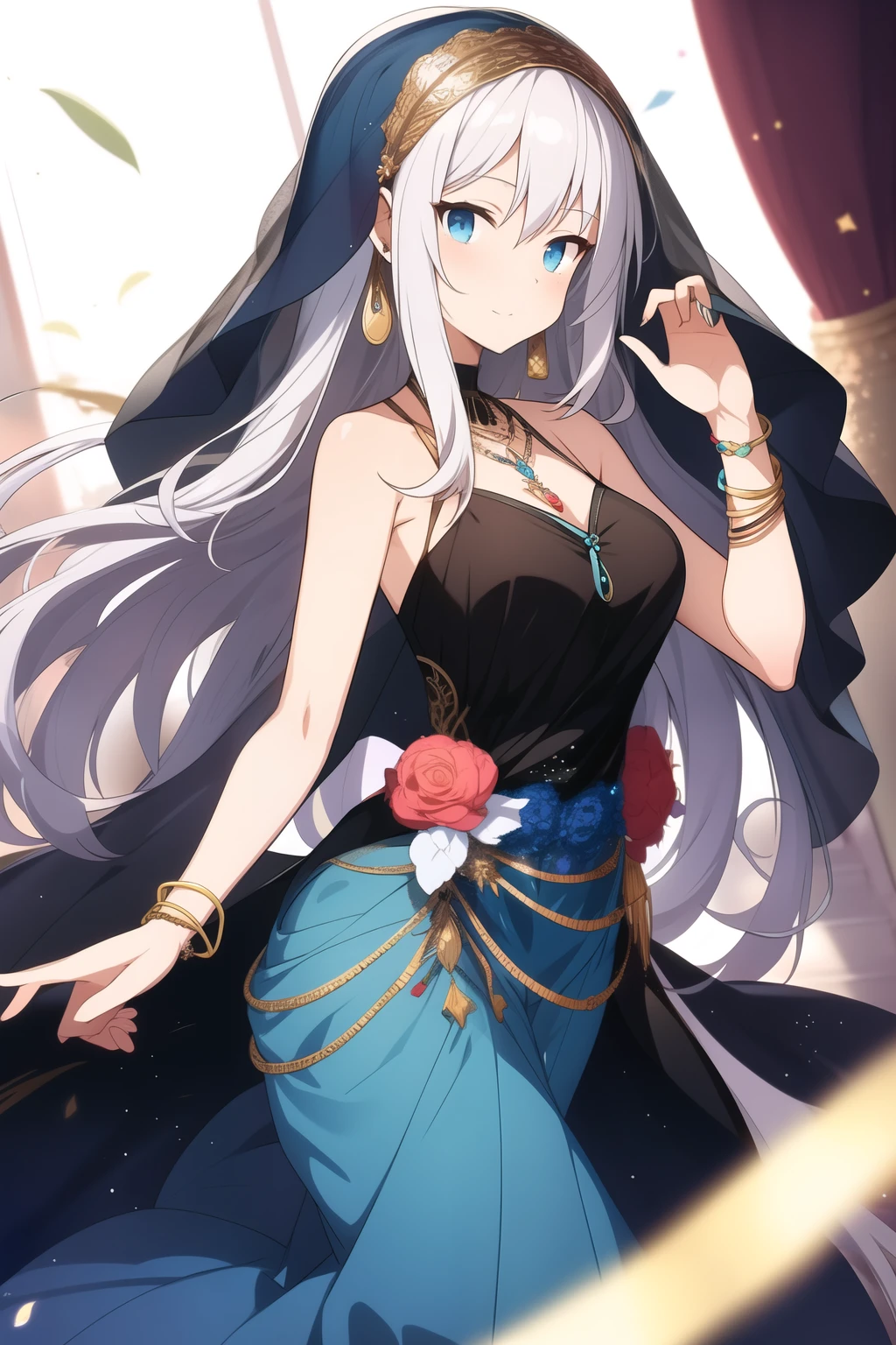 Anime older girl with long white hair and dark blue eyes, wearing a flowy dress that follows her movements with bangles and bracelets on her wrist and a veil on her head, with bright decorations surrounding her