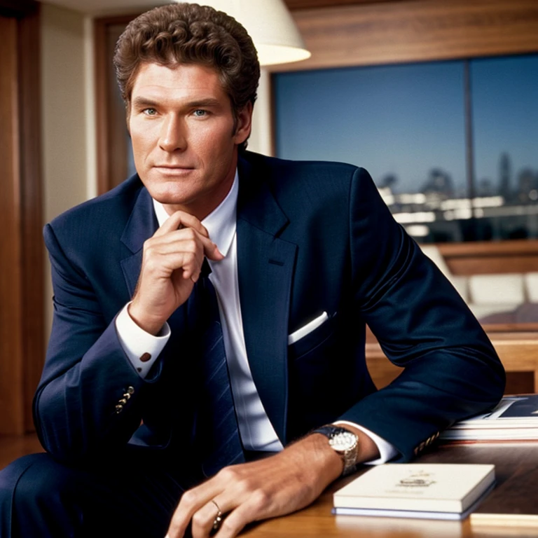 david hasselhoff, twenty years old, indoors, photorealistic, 90s preppy clothing, dark suit jacket