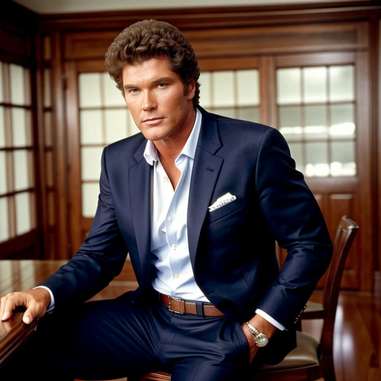 david hasselhoff, twenty years old, indoors, photorealistic, 90s preppy clothing, dark suit jacket