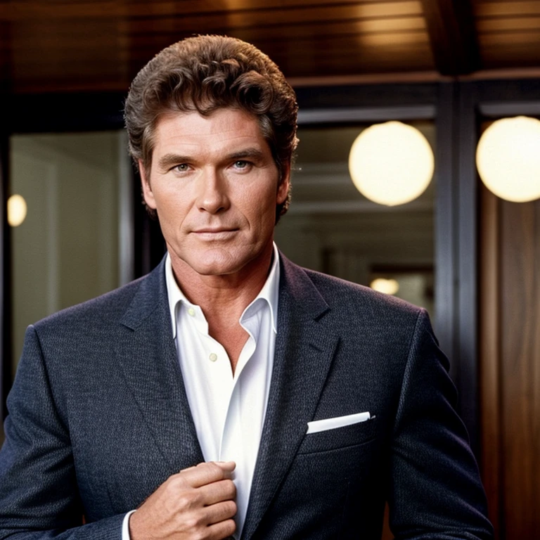 david hasselhoff, twenty years old, indoors, photorealistic, 90s preppy clothing, dark suit jacket