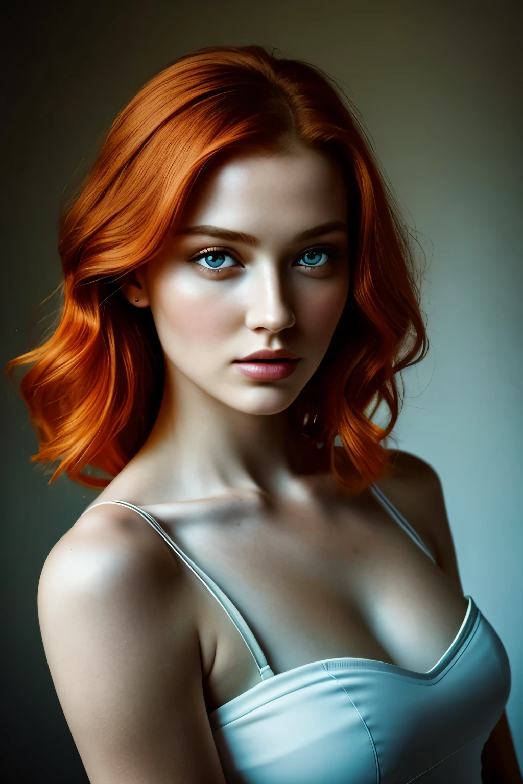An exquisitely crafted photograph captures the essence of a stunning ginger woman with porcelain-like skin, captivating grey eyes, and fiery red hair. The image is bathed in dramatic lighting, exhibiting a mesmerizing play of high contrast, where hard lights cast deep shadows upon her delicate features. Each detail is meticulously rendered, from the intricate lines of her face to the subtle peach fuzz that adorns her flawless complexion. The vibrant colors burst with intensity, saturating the scene with an almost otherworldly allure. This midshot portrait is a masterpiece of hyperrealistic photography, showcasing the remarkable talent of the artist and their ability to create a visually captivating image, ziess 55mm f1. 4
