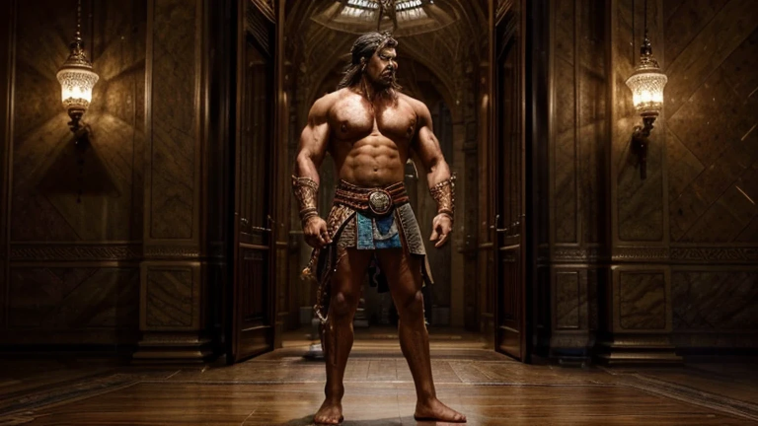 full image of (Best quality, ultra-detailed, realistic:1.37), strong and muscular BHIMA, the strongest warrior in the land, confidently strides forward with thunderous steps that resonate with the deep percussions of the music. His intense gaze pierces through the surroundings, exuding a sense of power and determination. His face is adorned with a rugged yet noble expression, displaying his unwavering loyalty and readiness to protect his brothers. BHIMA's brawny physique is accentuated by the intricate detailing of his every muscle, creating a visually captivating sight. He stands tall, with broad shoulders and an imposing presence, embodying strength and bravery. BHIMA's attire is crafted with meticulous attention to detail, reflecting his warrior status and showcasing his impeccable taste for battle attire. The vibrant colors of his clothing, inspired by the rich hues of nature, enhance his charismatic persona. As the sunlight gracefully illuminates his chiseled features, shadows dance across his face, highlighting his strong jawline and emphasizing the intensity of his expression. The vibrant and dynamic atmosphere is further enhanced by the swirling dust that is kicked up with each of BHIMA's forceful steps. The scene is enveloped in an ethereal glow, reminiscent of an epic battle scene in an ancient mythological tale. The juxtaposition of BHIMA's calm yet fierce presence against the vibrant and energetic surroundings adds to the overall grandeur and impact of the composition. With each detail carefully captured, the artwork captures the essence of BHIMA's strength, courage, and unwavering loyalty.