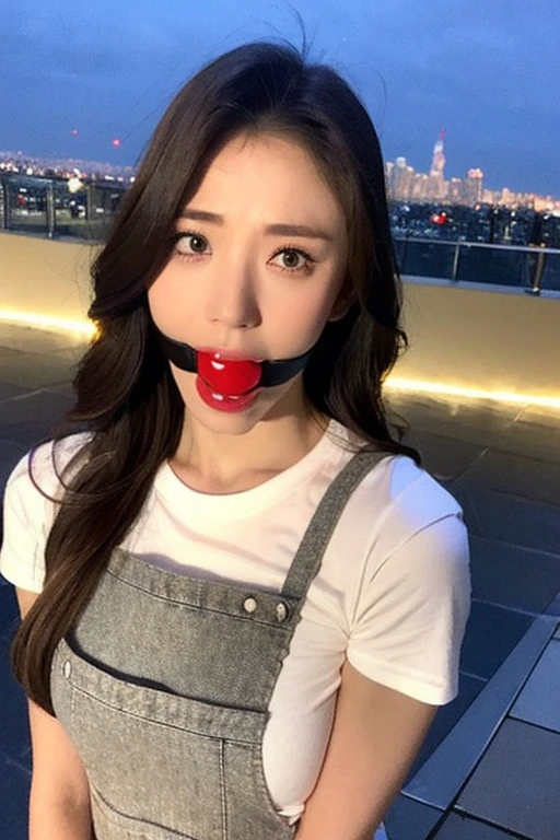 ((Midnight, Best quality, 8k, Masterpiece :1.3)), Whole body, Long legs, Sharp focus :1.2, A pretty woman with perfect figure :1.4, Slender abs :1.1, ((Dark brown hair, Big breasts :1.2)), (White tight tshirt, Jean bib, Standing:1.2), ((Night city view, Rooftop:1.3)), Highly detailed face and skin texture, Detailed eyes, Double eyelid, ballgag