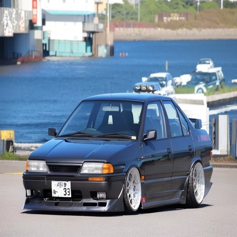 black spiked car parked in front of a body of water, corpo largo, Japan in the 90s, Da noite, retro 9 0 japanese, low sunset, Muito Triste C 12.0, Velha escola FPR, toyota cresta, frente longa, Rodas de trabalho, Rodas de trabalho, akira vibes, liso!!, japanese drift car, mas 8 6