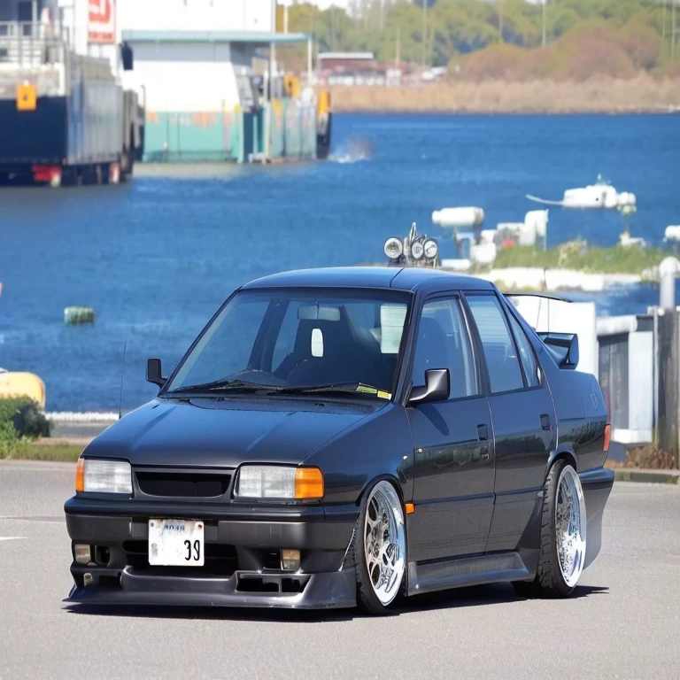 black spiked car parked in front of a body of water, corpo largo, Japan in the 90s, Da noite, retro 9 0 japanese, low sunset, Muito Triste C 12.0, Velha escola FPR, toyota cresta, frente longa, Rodas de trabalho, Rodas de trabalho, akira vibes, liso!!, japanese drift car, mas 8 6