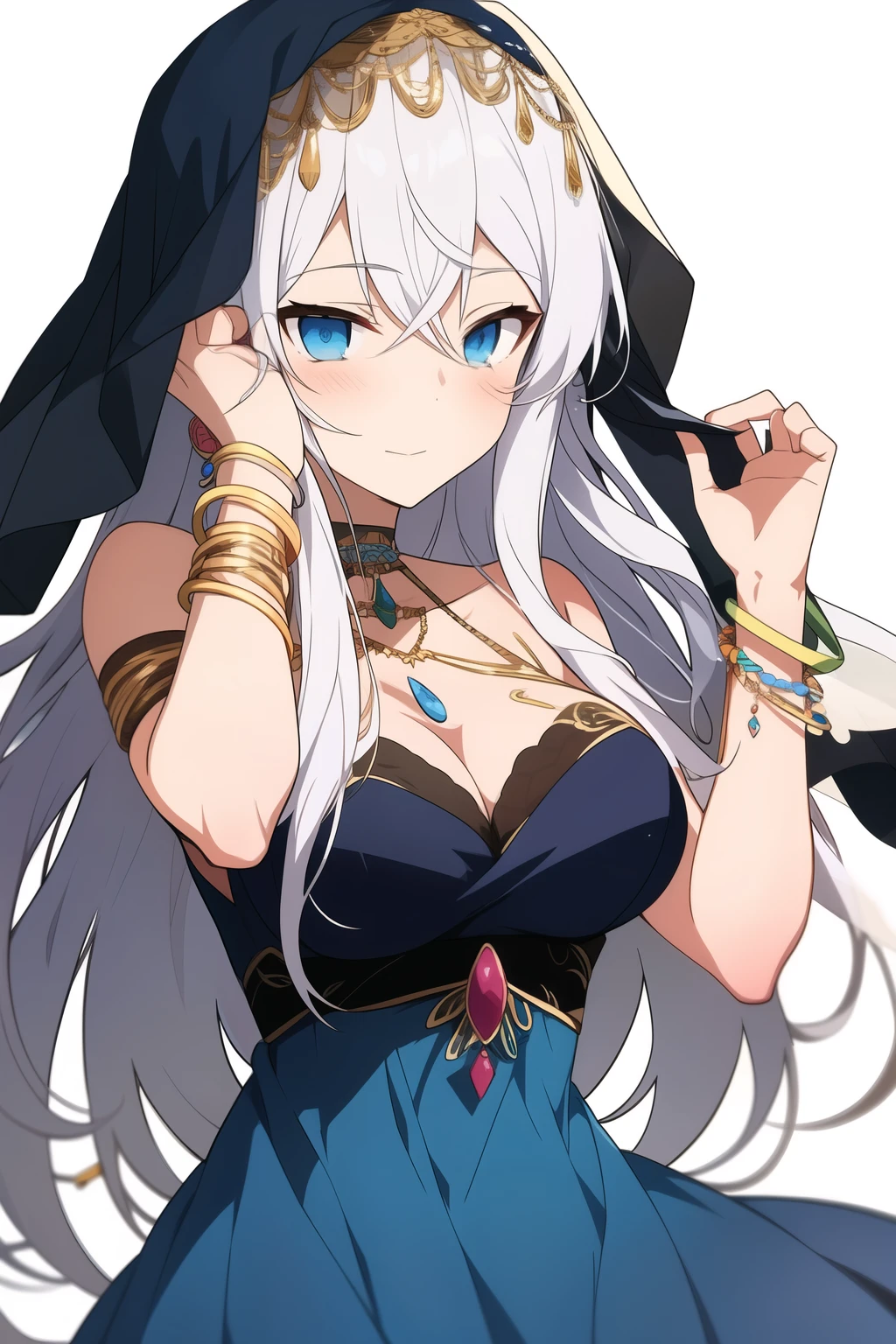 Anime older girl with long white hair and dark blue eyes, wearing a flowy dress that follows her movements with bangles and bracelets on her wrist and a veil on her head, with bright decorations surrounding her
