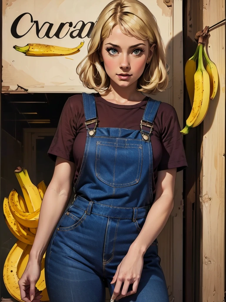 {{{highest quality}}}, {{Very detailed}}, {{Very delicate and beautiful}}, (highest quality, In 8K, 32k, )、60s movie posters 、Girl wearing a banana peel、Overalls、Line art、Blonde
