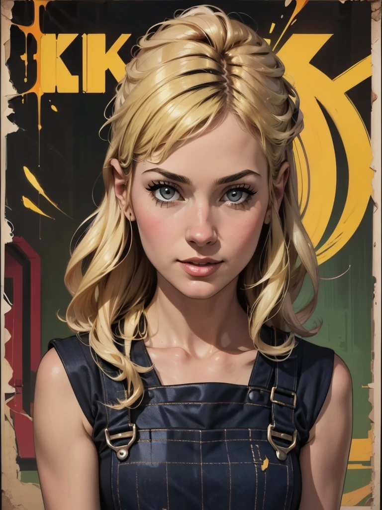 {{{highest quality}}}, {{Very detailed}}, {{Very delicate and beautiful}}, (highest quality, In 8K, 32k, )、60s movie posters 、Girl wearing a banana peel、Overalls、Line art、Blonde