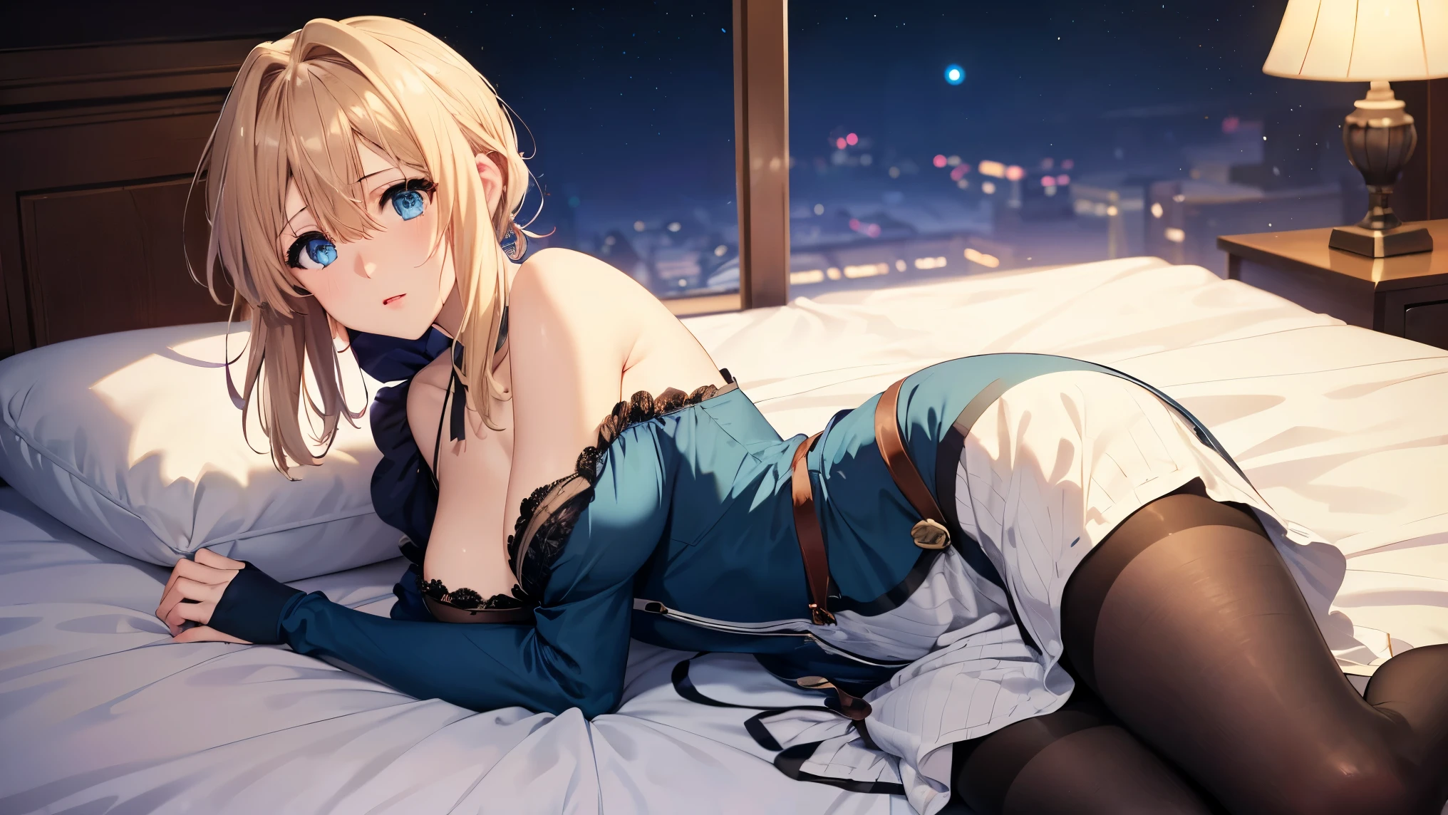 masterpiece,best quality,8k,(violet evergarden \(series\):1.2),beautiful eyes,stockings,blue ice dress,nightgown,on_side,(1girl:1.2),violet evergarden,flower pattern,