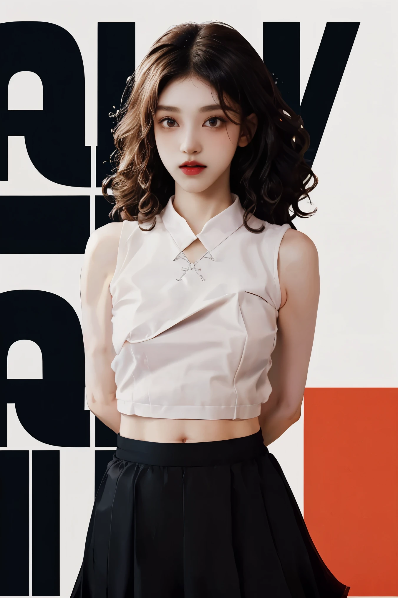 white t-shirt, Black Tulle_skirt, belly button visible, 1 Korean beauty,  (Perm Hair Curly:1.2), (from above), (on_stomach:1.5) , (arms_behind_back:1.5)