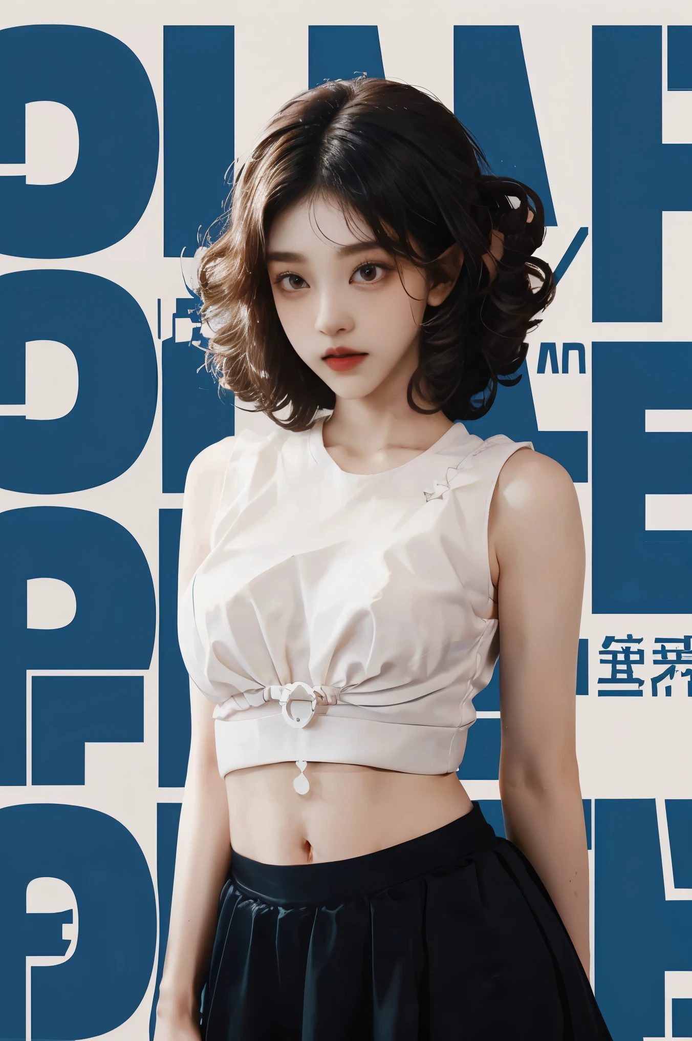 white t-shirt, Black Tulle_skirt, belly button visible, 1 Korean beauty,  (Perm Hair Curly:1.2), (from above), (on_stomach:1.5) , (arms_behind_back:1.5)