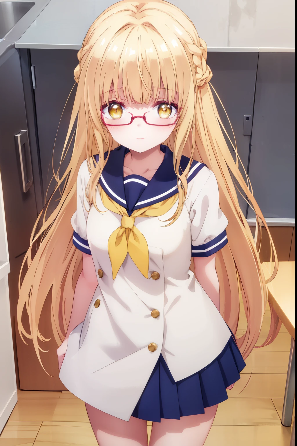 Mahiru shiina, , blonde, (Yellow Eyes:1.3)、Braided long hair,,blush,smile,Daytime、at school、School classroom、Captivating thighs、Beautiful bare legs, Short-sleeved sailor uniform、very cute、Wear a miniskirt、Wearing cute glasses、ta、Small breasts、Cat Pose
(masterpiece:1.2), highest quality, High resolution, unity 8k wallpaper, (shape:0.8), (Beautiful and beautiful eyes:1.6), Highly detailed face, Perfect lighting, Highly detailed CG, (Perfect hands, Perfect Anatomy),