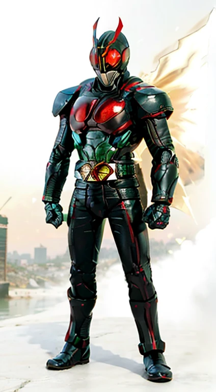 (kamen rider, (standing), (Kamen_Rider_Black_RX), kamen rider stronger, kamen, full body detailed, detailed hands, good fingers, good hands, good legs, low hood, ((epic burning city)), ruins, floating, explosion, debris, some fire and glitter background, ultra hd, ultra realistic texture, (flare lens:1.2), (long shot:0.9)