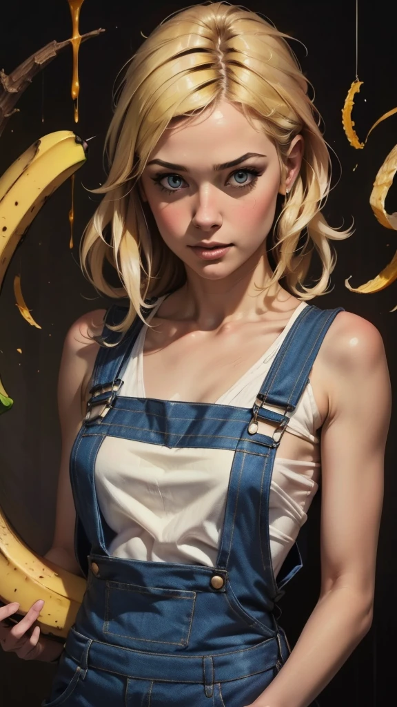 {{{highest quality}}}, {{Very detailed}}, {{Very delicate and beautiful}}, (highest quality, In 8K, 32k, )、realistic oil painting 、Girl wearing a banana peel、Overalls、Line art、Blonde