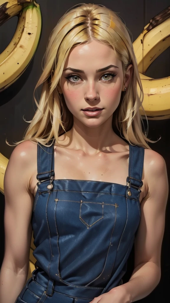 {{{highest quality}}}, {{Very detailed}}, {{Very delicate and beautiful}}, (highest quality, In 8K, 32k, )、realistic oil painting 、Girl wearing a banana peel、Overalls、Line art、Blonde
