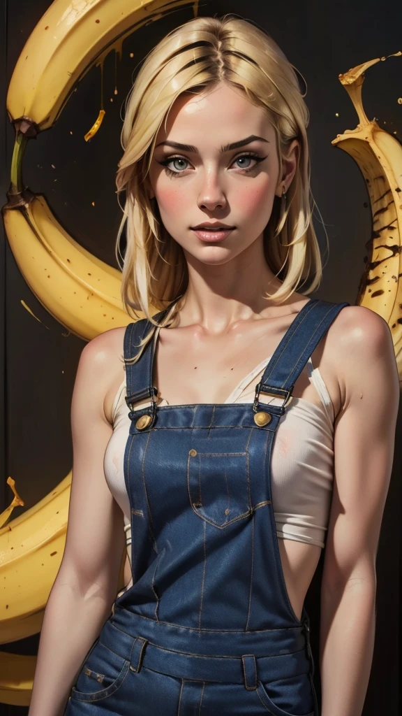 {{{highest quality}}}, {{Very detailed}}, {{Very delicate and beautiful}}, (highest quality, In 8K, 32k, )、realistic oil painting 、Girl wearing a banana peel、Overalls、Line art、Blonde
