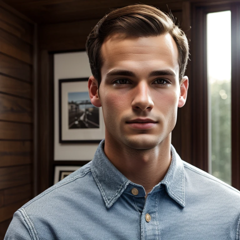 young man, twenty years old, very short dark brown hair, slightly receding hairline, 90s preppy clothing, photorealistic, realistic, photorealism, indoor, photo studio, natural light, smartalecky, 
