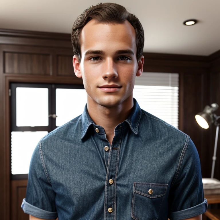 young man, twenty years old, very short dark brown hair, slightly receding hairline, 90s preppy clothing, photorealistic, realistic, photorealism, indoor, photo studio, natural light, smartalecky,