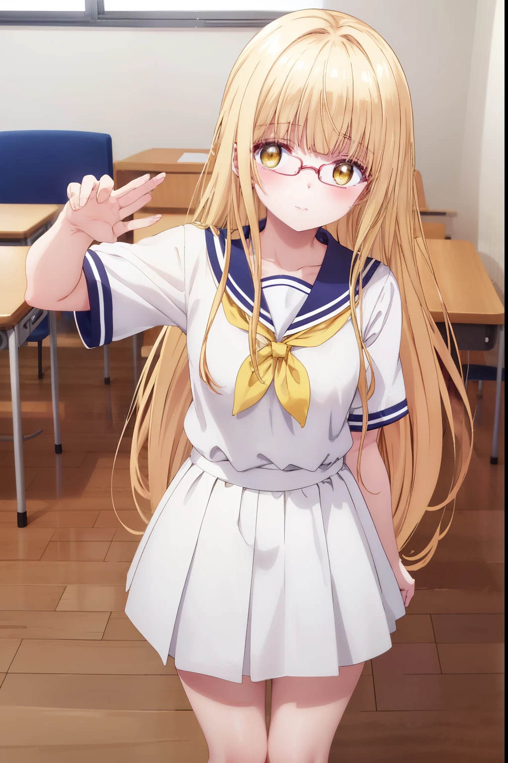 Mahiru shiina, , blonde, (Yellow Eyes:1.3)、Braided long hair,,blush,smile,Daytime、at school、School classroom、Captivating thighs、Beautiful bare legs, Short-sleeved sailor uniform、very cute、Wear a miniskirt、Wearing cute glasses、、Small breastose
(masterpiece:1.2), highest quality, High resolution, unity 8k wallpaper, (shape:0.8), (Beautiful and beautiful eyes:1.6), Highly detailed face, Perfect lighting, Highly detailed CG, (Perfect hands, Perfect Anatomy),