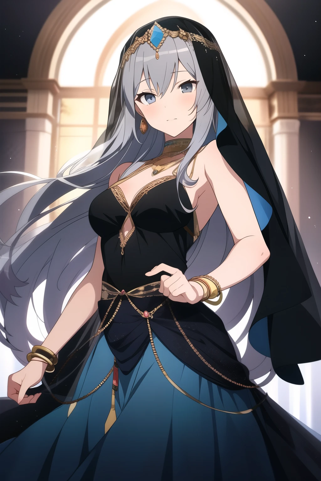 Anime girl with long gray hair and dark gray eyes, wearing a flowy dress that follows her movements with bangles and bracelets on her wrist and a veil on her head, with bright decorations surrounding her