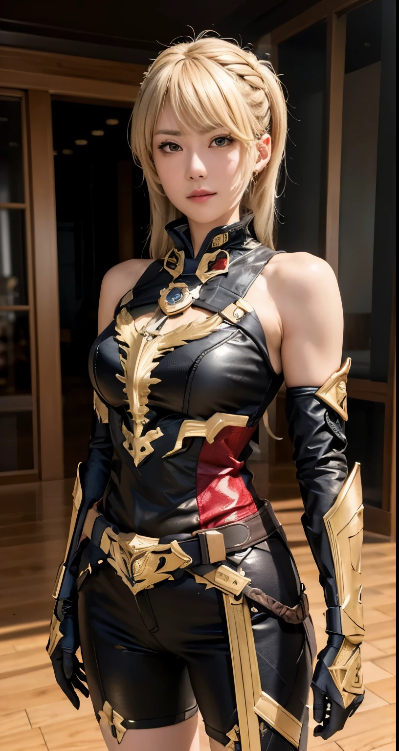 (最high quality, 8k), Shining blonde girl, Brave heroine, A shining golden Scalable sword in his hand, Ultra-high resolution (Ultra-high resolution), masterpiece, Very detailed, Attention to detail, high quality, 最high quality, Clear images, A metal sword with an exquisite texture, The delicate reflection of the blade, Intricately detailed facial features, Pores and wrinkles, Realistic depiction of veins and muscles, Ultra-high resolution, Incredibly clear clothing textures, The height of authenticity.
