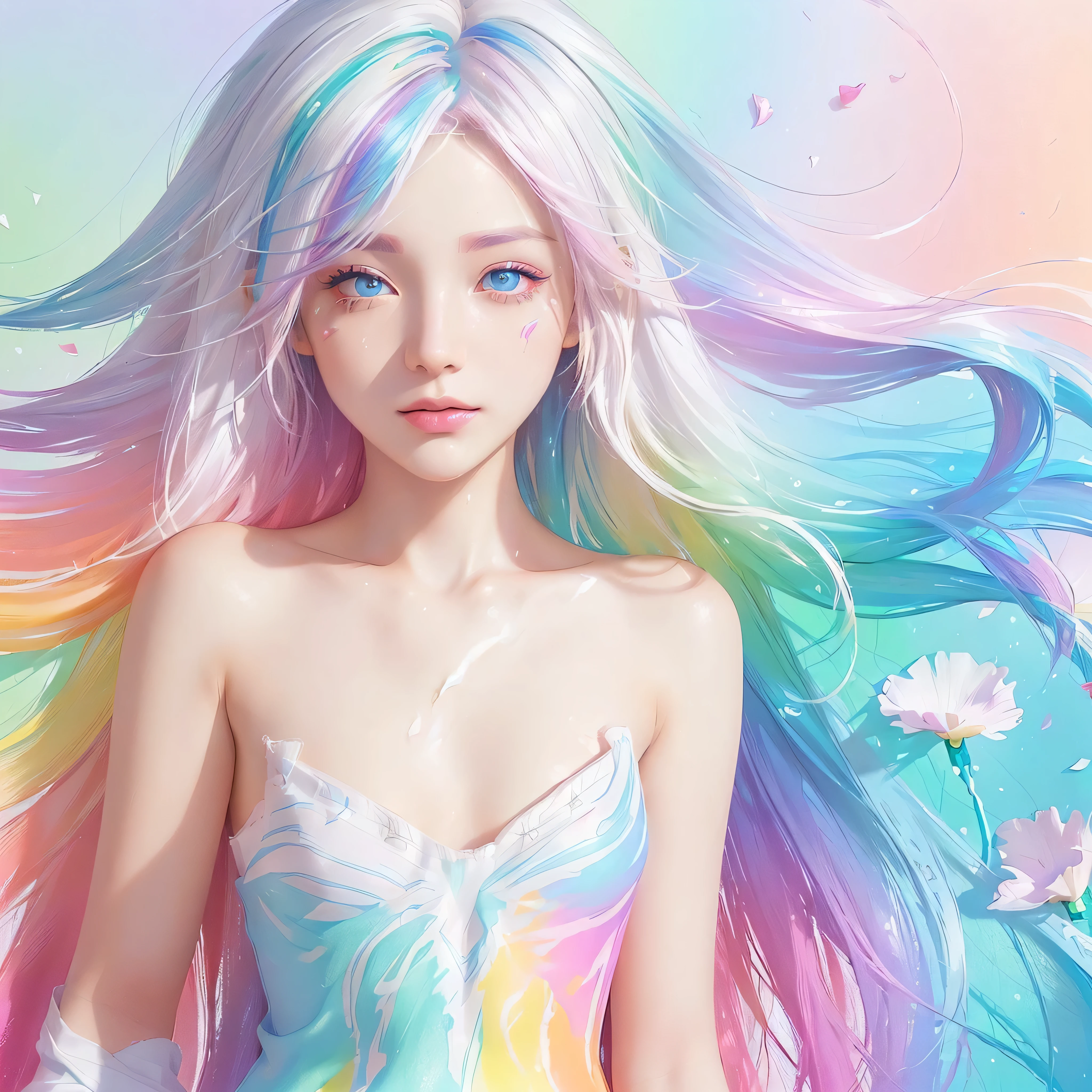 （Pink Fashion T-shirt：1.9），(Colorful hair: 1.8), (all the colours of the rainbow: 1.8),(((((vertical painting：1.6))), （painting：1.6），front, comics, illustrations, paintings, large eyes, crystal clear eyes,（ rainbow color gradient high ponytail：1.7）, exquisite makeup, closed mouth,(Small Fresh: 1.5),(Wipe Chest: 1.6) ，long eyelashes, white off shoulder T-shirt,  White Shoulder Shirt，looking at the audience, large watery eyes, (rainbow colored hair：1.6), color splash, （solo：1.8）, color splash, color explosion, thick paint style, messy lines, ((shining))，(colorful), (colorful), (colorful), colorful, Thick Paint Style, (Splash) (Color Splash), Vertical Painting, Upper Body, Paint Splash, Acrylic Pigment, Gradient, Paint, Highest Image Quality, Highest Quality, Masterpiece, Solo, Depth of Field, Face Paint,  colorful clothes, (Elegant: 1.2), gorgeous,long hair, wind, (Elegant: 1.3), (Petals: 1.4)，(((masterpiece))),(((best quality))),((ultra-detailed)),(illustration),(dynamic angle),((floating)),(paint),((disheveled hair)),(solo),(1girl) , (((detailed anima face))),((beautiful detailed face)),collar,bare shoulders,white hair, ((colorful hair)),((streaked hair)),beautiful detailed eyes,(Gradient color eyes),(((colorful eyes))),(((colorful background))),(((high saturation))),(((surrounded by colorful splashes))),