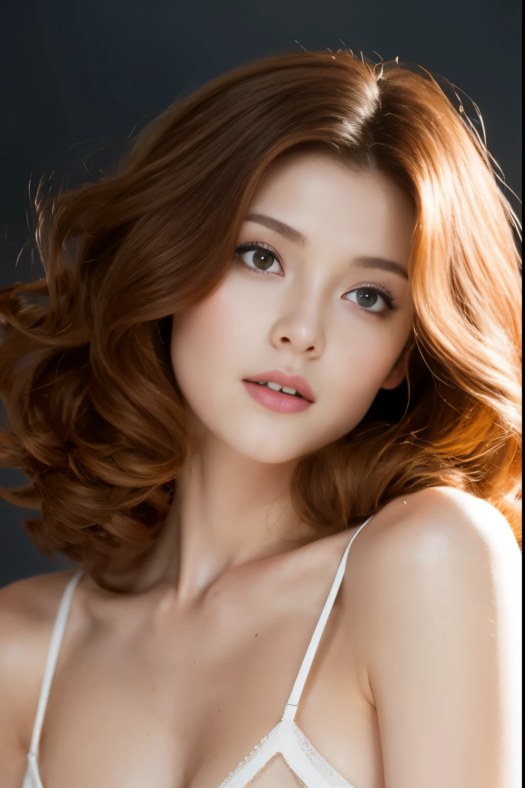 (Best quality, 8k, 32K, Masterpiece, UHD:1.2)Photo couverture playboy, Photo of a Pretty Curly Redhead Woman, corps entier, gros seins, cheveux longs,Haut du corps,mise au point sur le visage,oversized_chandail, downblouse, mineur, sinple background, Regarder lovely le spectateur, cheveux longs, backlight, ziess 55mm f1. 4