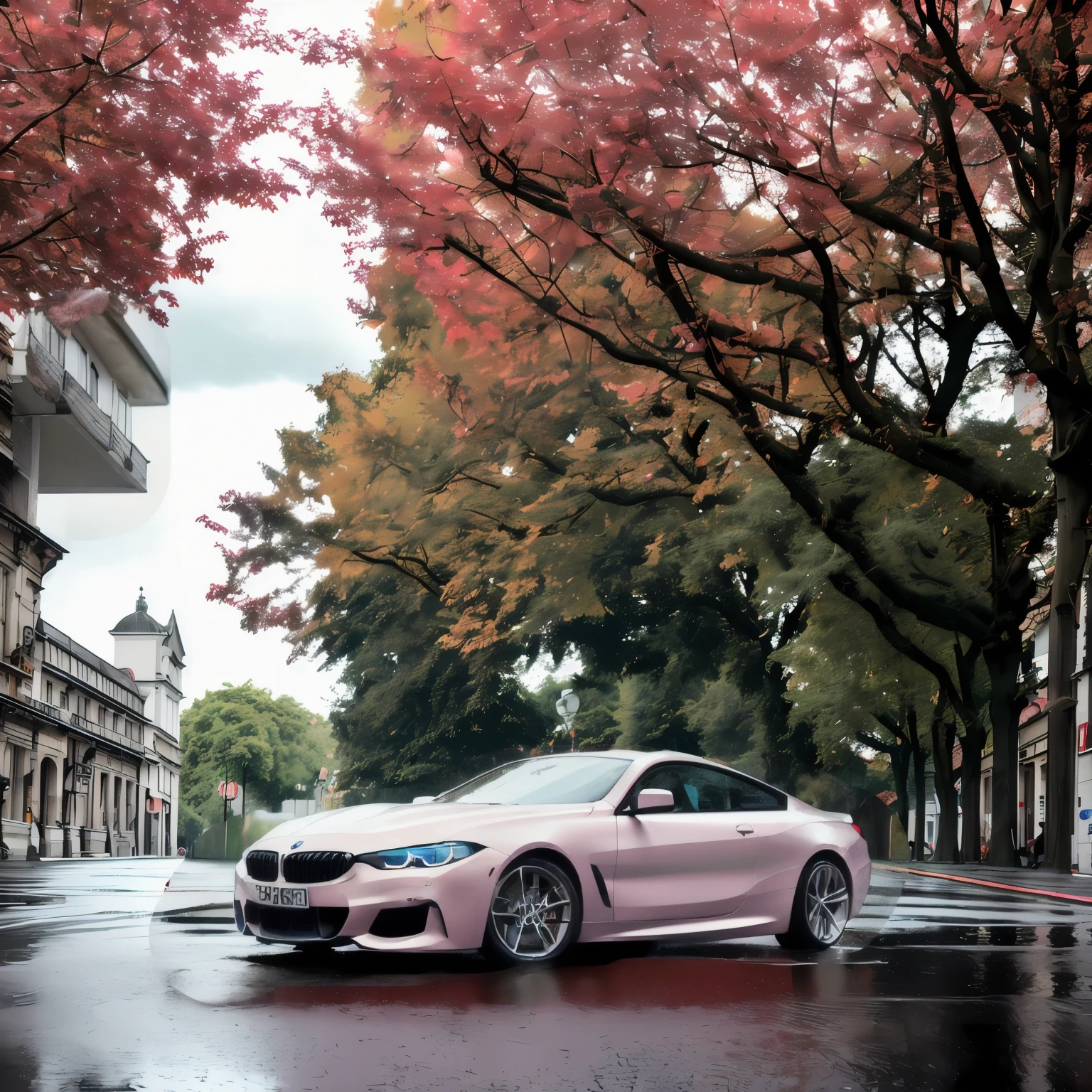 ((Remove part of the house in the upper left smear area))35mm portrait of a white BMW 840I , Parked on the street after the rain,The car was splashed with water, Movie city and some trees with pink leaves, Dramatic Lighting, Super Resolution, Surrealism, Reflection of the ground and cloudy sky