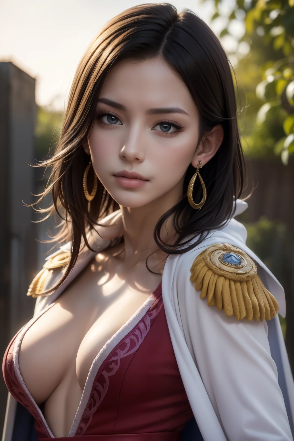 (masterpiece:1.3), (8k, photorealistic, RAW photo, best quality: 1.4),
(1boy), beautiful face, (realistic face),
beautiful hairstyle,
realistic eyes, beautiful detailed eyes,
(realistic skin), beautiful skin,
(blouse),
absurdres, attractive,
ultra high res, ultra realistic, highly detailed,
golden ratio,
hancock1, 1girl, boa hancock, earrings, large breasts, cleavage, long hair, epaulettes, cape, crop top, long sleeves, side slit,