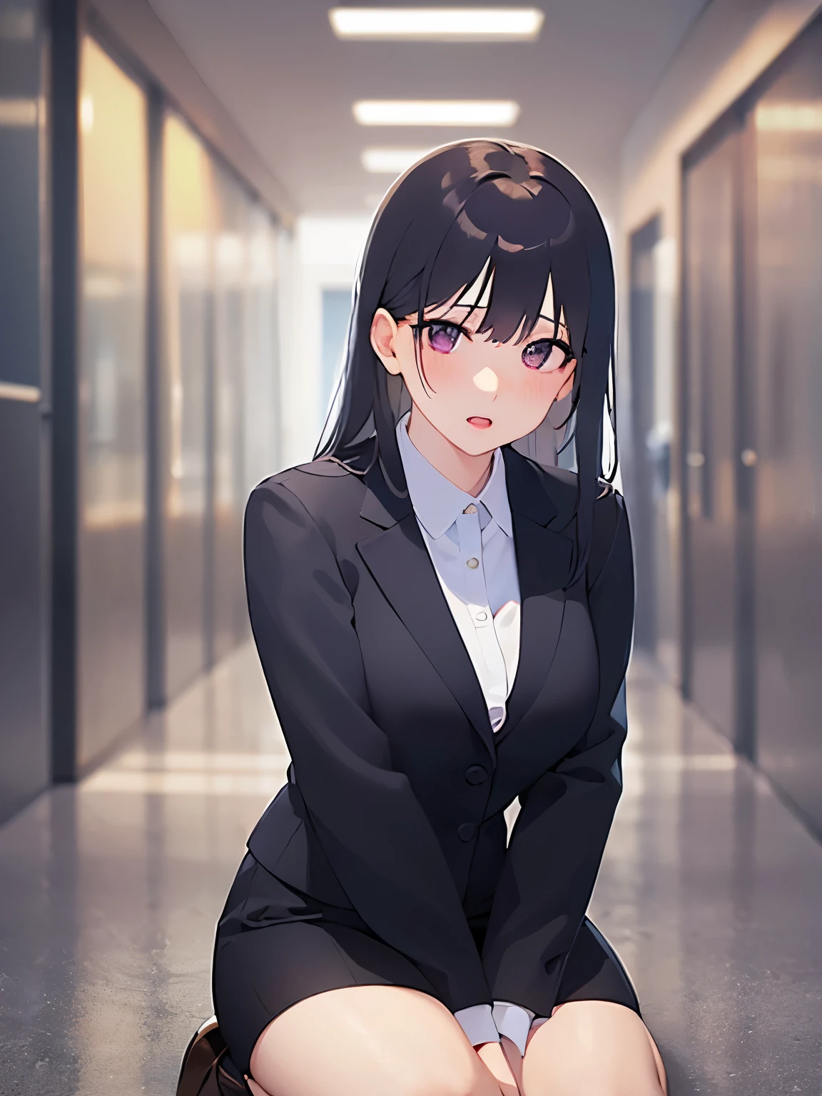 (hand between legs, wariza:1.3), Real person, (Pale skin: 1.2), RAW Photos, Realistic, Portrait Photography, Shiny skin, Shiny Hair、(A 25-year-old woman with straight hair and bangs) and (medium hair) and (black hair) and (purple eyes) , (business suit:1.8) and(White collared shirt) and (skirt), (scowl, blush:1.3), open mouth, The background is an office hallway、