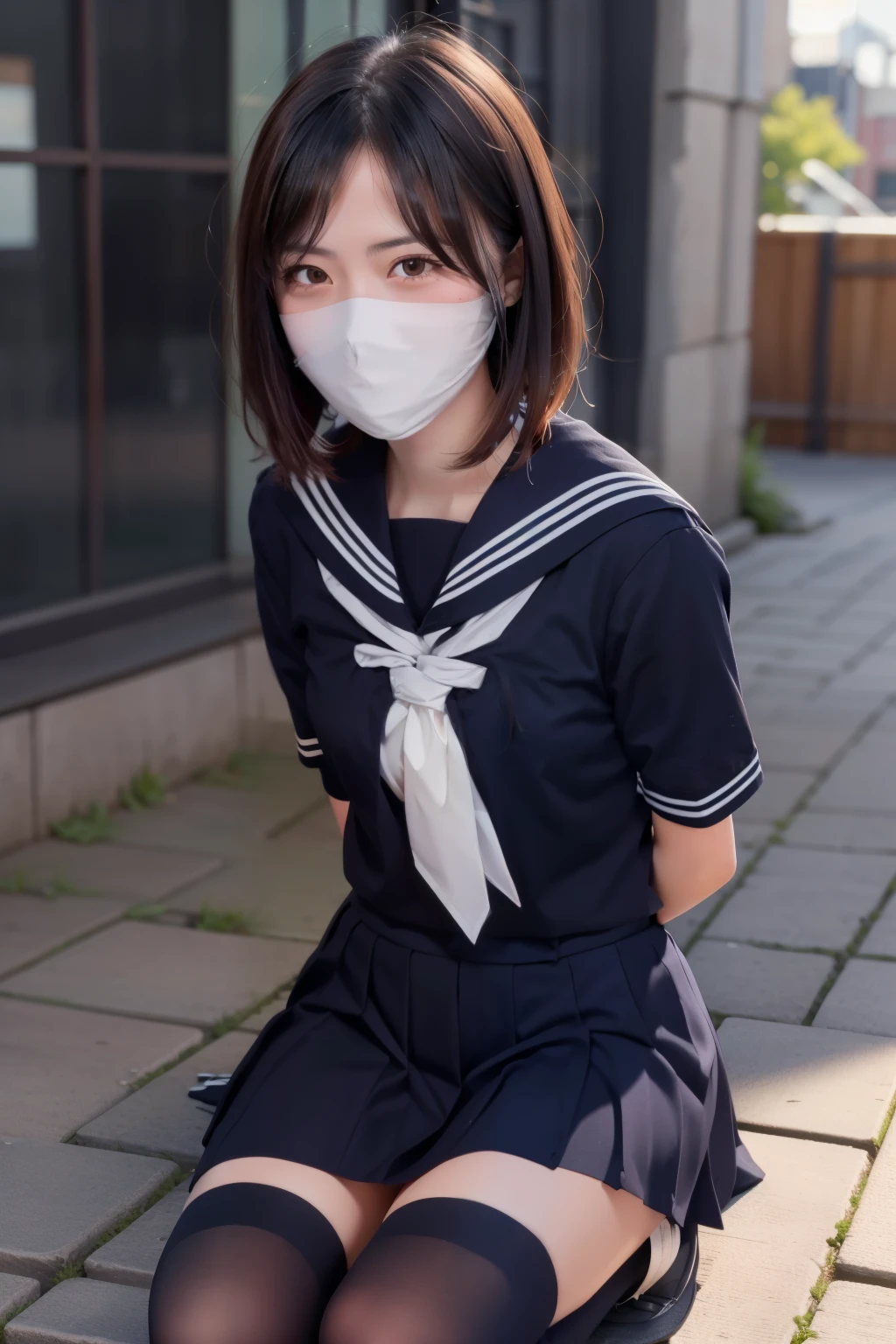 sailor uniform, otn, arms behind back, (Highly detailed CG Unity 8k), (highest quality)，(Very detailed)，(Ultra-high resolution), 1 Female, uniform, Sailor suit, rope bondage, breasts rope bondage, hands back rope bondage, leg rope bondage, thigh rope bondage, bust rope bondage, feet rope bondage, Hands behind the back, Wrists tied behind back, Ankle binding, White cloth gag, Navy Blue Skirt, Black Hair, Bobcut, BDSM, Bust Shot, ((White headband)), kinbaku, 