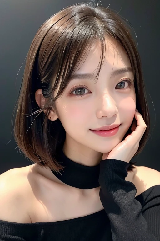 (((Close-up of face)))、(((Absolutely shoulder-length brown straight short bob)))、(((She is posing like a hair salon model, with a black wall indoors as the background.)))、(((Casual black winter long sleeves with shoulders covered)))、Half Japanese, half Korean、18 year old girl、Standing Alone、Looking forward、Light eye makeup、Brown Hair Color、Flat and 、Hair blowing in the wind、Actress Quality、Glossy, ultra-realistic face、Smiling face、Watery eyes、Gazing Up、Subtle lighting effects、 Ultra-Realistic Capture、Very detailed、High resolution 16K close up of human skin。Skin texture must be natural、The details must be such that pores can be clearly seen、The skin is healthy、Uniform tone、Use natural light and colors、A worn-out, high-quality photo taken by a model agency's in-house photographer.、smile、(((SIGMA 300 mm F/1.4,1/1000 sec shutter,ISO 400)))