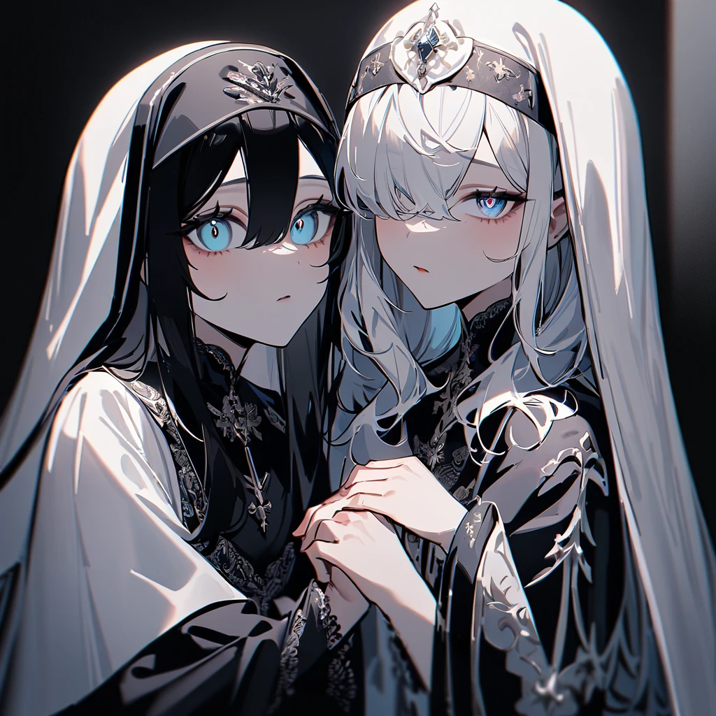 Two Girls,duo,Portraiture,pale colour,masterpiece,highest quality,so beautiful,Absurd,Alternative color,chromatic aberration,Inner hair color, High Contrast, Marble Eyes,human,habit,body,encouragement, Hand Grips, Clutching my hands,Dark, only human,Hair on one eye, Hair between the eyes,Kneel,Black vs. White,Angels and Demons,Darkness and light