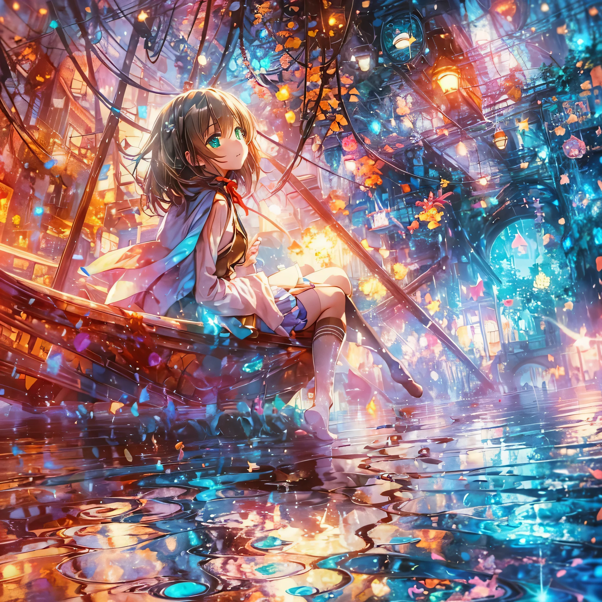 Avant-garde watercolor painting of colorful 2D fantasy, Waifu Cute Anime, Ethnic girl leaning on boat on clear water ripples, Creates a dazzling atmosphere, Indulge in a relaxing getaway,One girl,(((Short Hair))),(((Dark brown hair:1.2))),  (Green Eyes:1.3),(((Ready-to-wear skirts, Brown vest, Red Shirt,Blue ribbon, (Black thigh-high socks:1.3),(((Erika Aoi))),