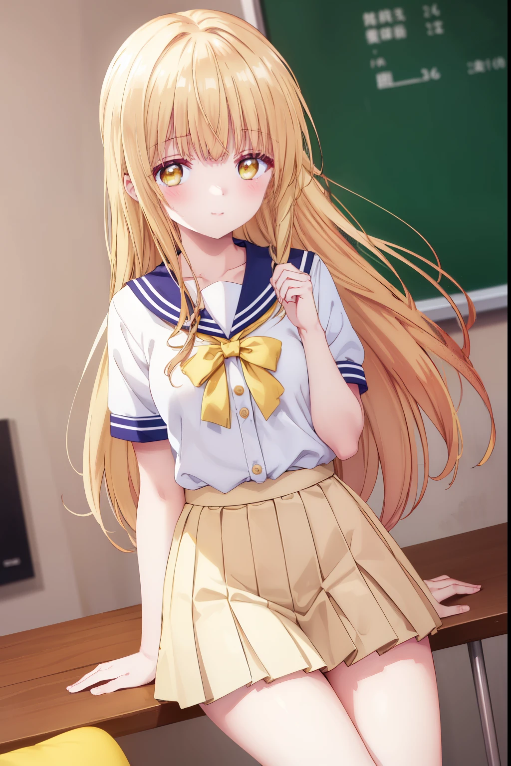 Mahiru shiina, , blonde, (Yellow Eyes:1.3)、Braided long hair,,blush,smile,Daytime、at school、School classroom、Captivating thighs、Beautiful bare legs, Short-sleeved sailor uniform、very cute、Wear a miniskirt、Wearing cute glasses、Lolita、Small breasts、Cat Pose
（masterpiece:1.2), highest quality, High resolution, unity 8k wallpaper, (shape:0.8), (Beautiful and beautiful eyes:1.6), Highly detailed face, Perfect lighting, Highly detailed CG, (Perfect hands, Perfect Anatomy),