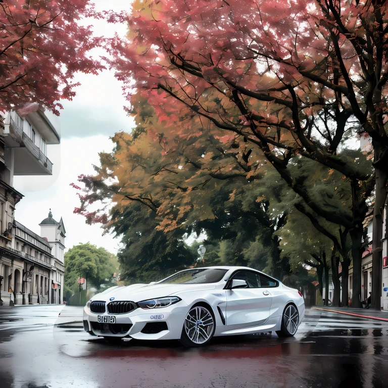 (( A white BMW 840I))35mm portrait of a white BMW 840I , Parked on the street after the rain, The car was splashed with water, Movie city and some trees with pink leaves, Dramatic Lighting, Super Resolution, Surrealism, Reflection of the ground and cloudy sky