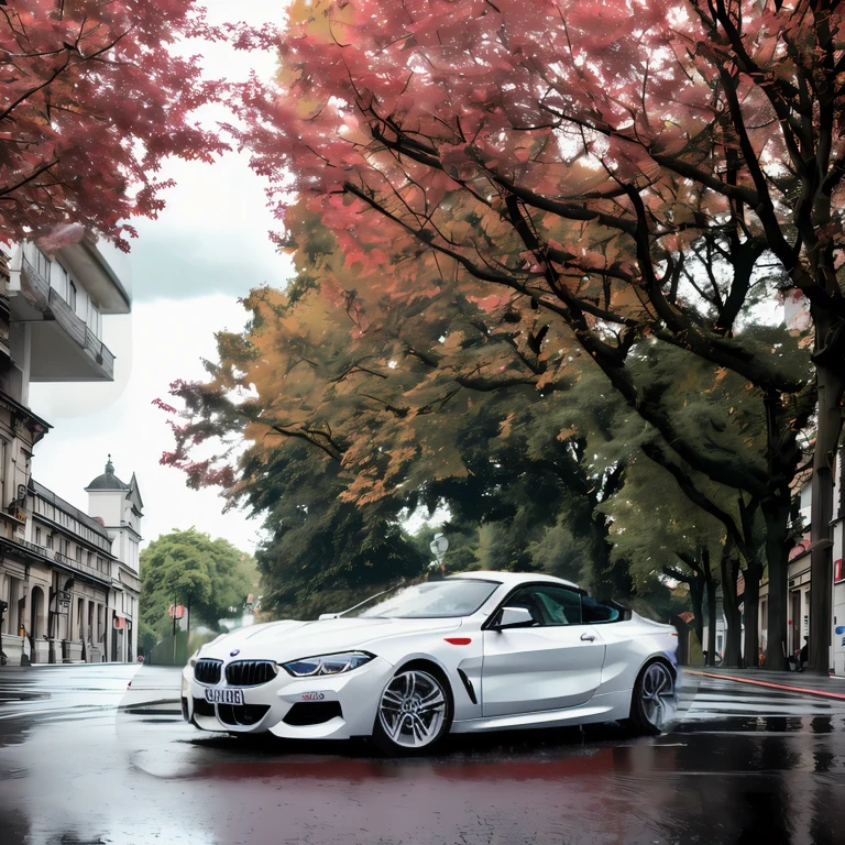 (( A white BMW 840I))35mm portrait of a white BMW 840I , Parked on the street after the rain， The car was splashed with water, Movie city and some trees with pink leaves, Dramatic Lighting, Super Resolution, Surrealism, Reflection of the ground and cloudy sky