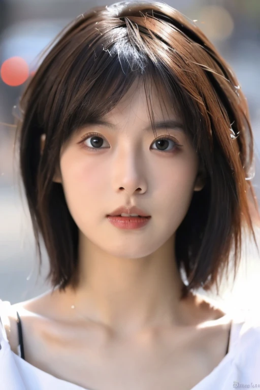 ((Best quality, 8k, Masterpiece: 1.3)), Sharp focus A beautiful woman with perfect body, Slim abdomen, ((Layered haircut: 1.2)), (White shirt), (Street: 1.2), Highly detailed face and skin texture, Detailed eyes, Double eyelid, sexy, dark skin, tanned body, exposed shoulders, cleavage, selfie