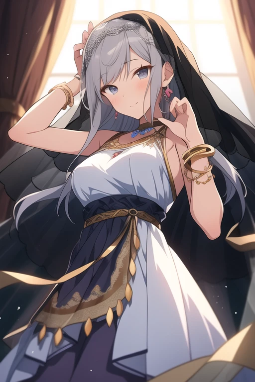 Anime girl with long gray hair and dark gray eyes, wearing a flowy dress that follows her movements with bangles and bracelets on her wrist and a veil on her head, with bright decorations surrounding her