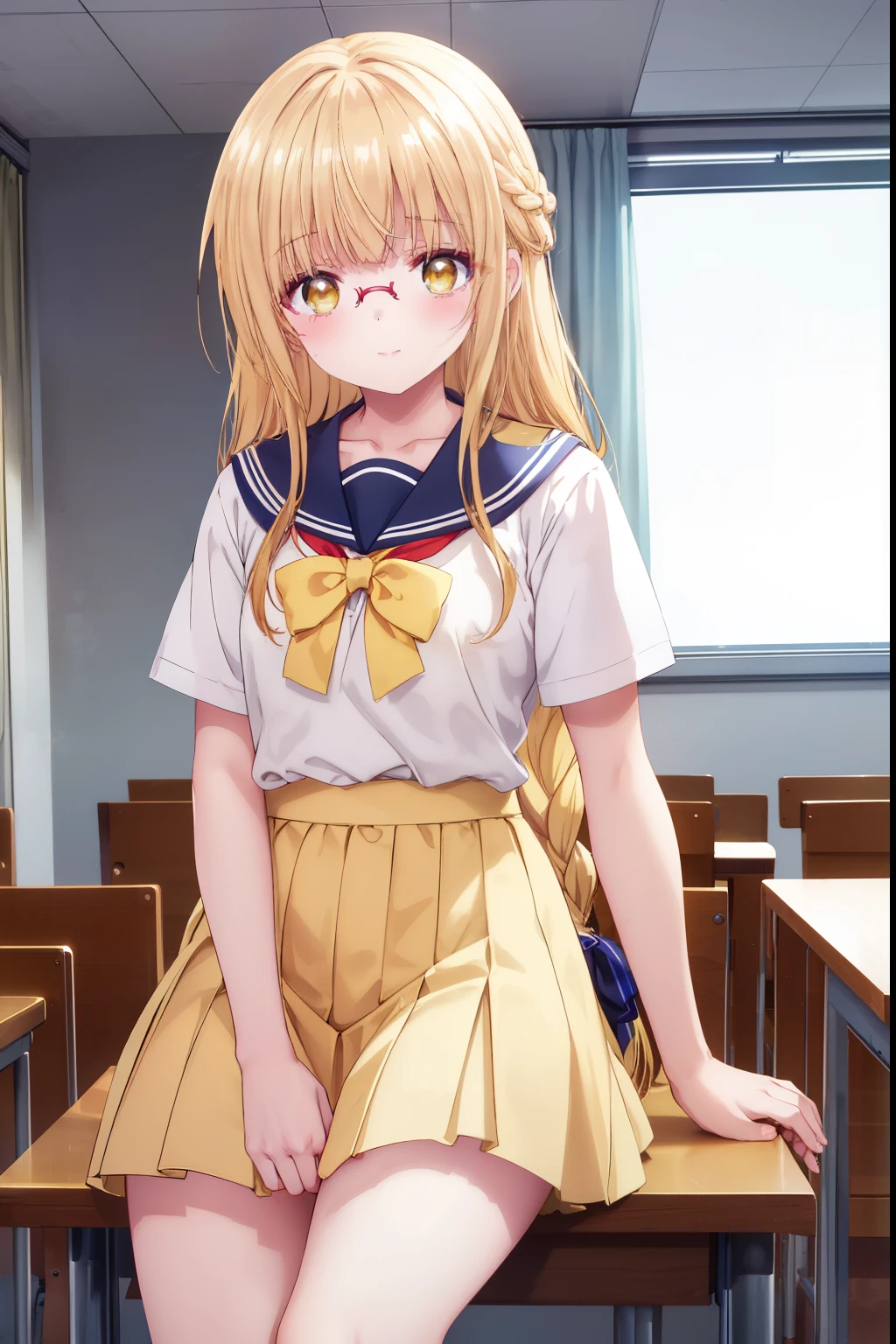 Mahiru shiina, , blonde, (Yellow Eyes:1.3)、Braided long hair,,blush,smile,Daytime、at school、School classroom、Captivating thighs、Beautiful bare legs, Short-sleeved sailor uniform、very cute、Wear a miniskirt、Wearing cute glasses、ta、Small breasts、Cat Pose
(masterpiece:1.2), highest quality, High resolution, unity 8k wallpaper, (shape:0.8), (Beautiful and beautiful eyes:1.6), Highly detailed face, Perfect lighting, Highly detailed CG, (Perfect hands, Perfect Anatomy),