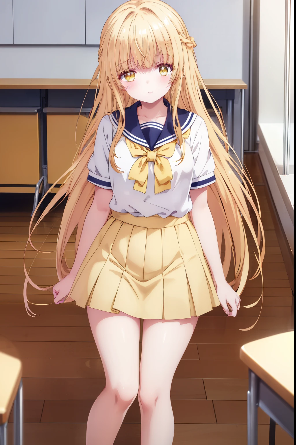 Mahiru shiina, , blonde, (Yellow Eyes:1.3)、Braided long hair,,blush,smile,Daytime、at school、School classroom、Captivating thighs、Beautiful bare legs, Short-sleeved sailor uniform、very cute、Wear a miniskirt、Wearing cute glasses、Lolita、Small breasts、Cat Pose
（masterpiece:1.2), highest quality, High resolution, unity 8k wallpaper, (shape:0.8), (Beautiful and beautiful eyes:1.6), Highly detailed face, Perfect lighting, Highly detailed CG, (Perfect hands, Perfect Anatomy),